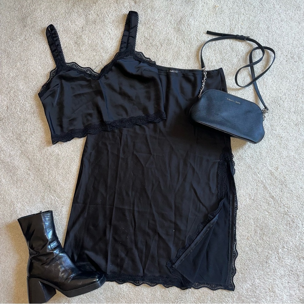 Black Lace Trim Dress Set